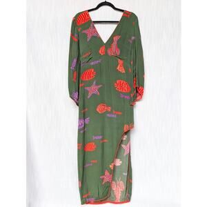Farm Rio x Anthropologie Green Sea Print V-Neck Side-Slit Maxi Dress, size S